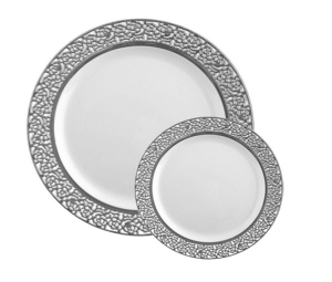 Premium White&Silver Rim Plastic Party & Wedding Plates Lace Series